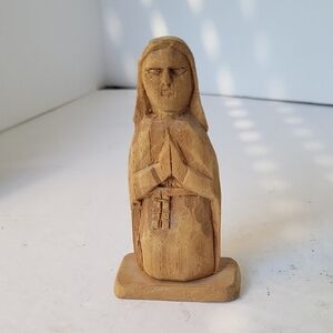 Hand-Carved Artist Signed Wood Virgin Maria Statue Puerto Rico Folkk Art